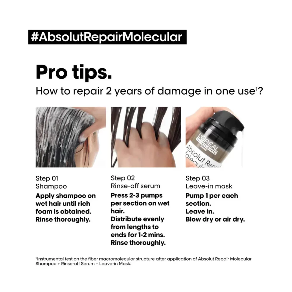 L'Oreal Professionnel Absolut Repair Molecular Shampoo, Serum & Mask Combo (300 ml+250 ml+100 ml) - Image 2